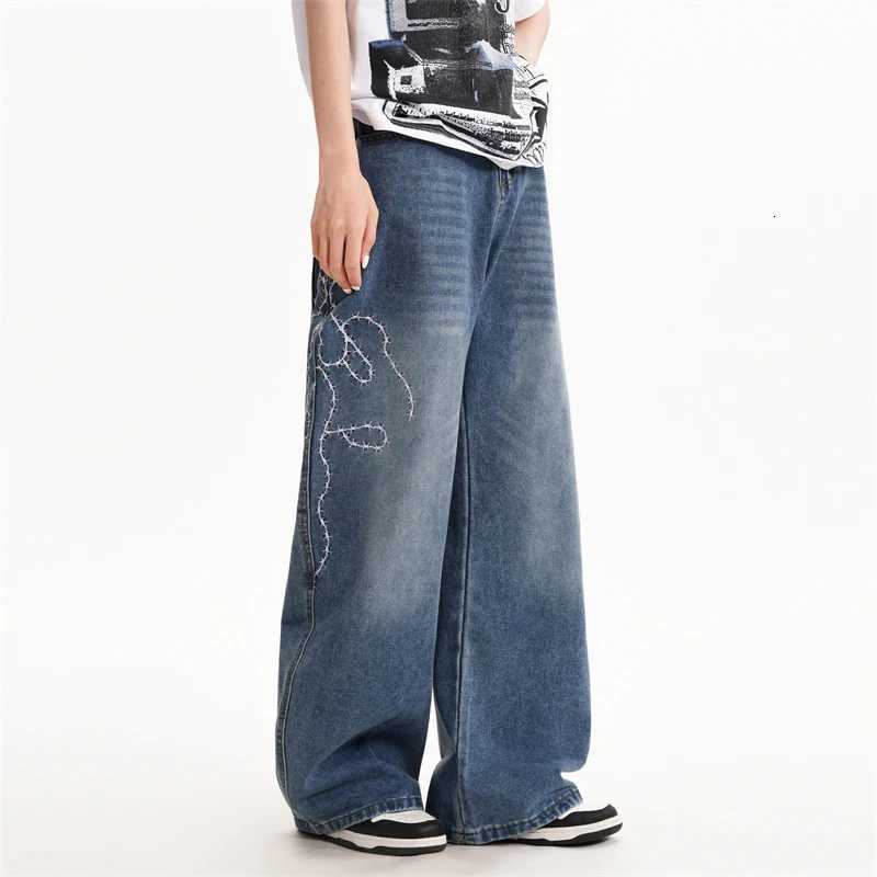 Men's Jeans High Street Fashion Wide Leg Flared Jean For Men Goth Letter Rose Embroidered Y2K Baggy Jeans Hip Hop Vintage Denim Curved Pants H260 - view 6