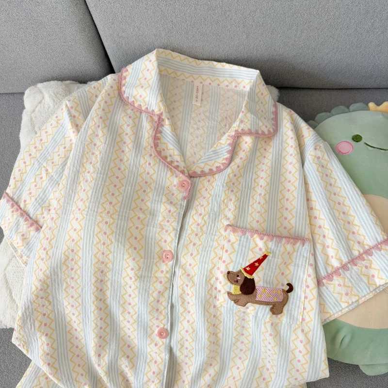 Women's Sleep Lounge New Spring Autumn Stripes Homwear Dachshund Embroidery Pajamas Women's Pajamas Collared Short-Sleeved Casual 3 Piece Pa - view 3