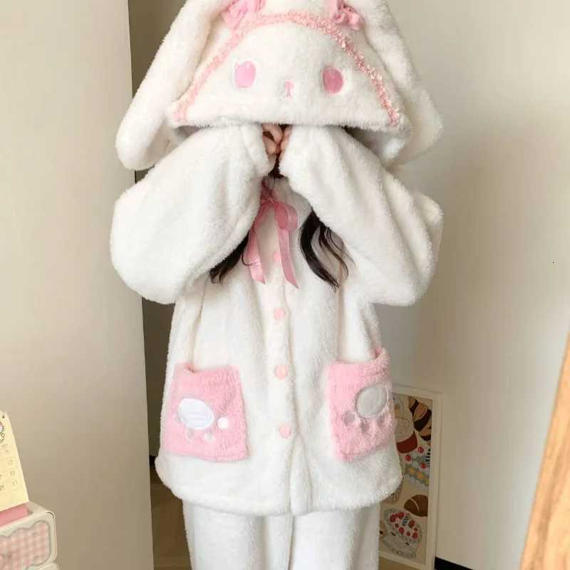 Lounge Women's Sleep New Winter Women's Pajamas Pants Sets Flannel Hooded Homewear 2Pcs Kawaii Rabbit Coral Fleece Outdoors Home Clothes War - view 3