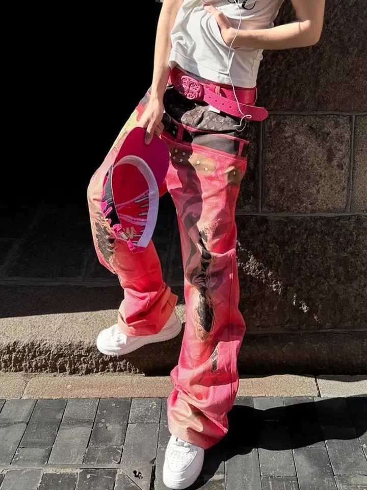 Men's Jeans Y2K American Vintage Personalized Mottled Totem Print Baggy Jeans Men's High Waist Wide Leg Jeans Trendy Hip-hop Jeans H260924 - view 3