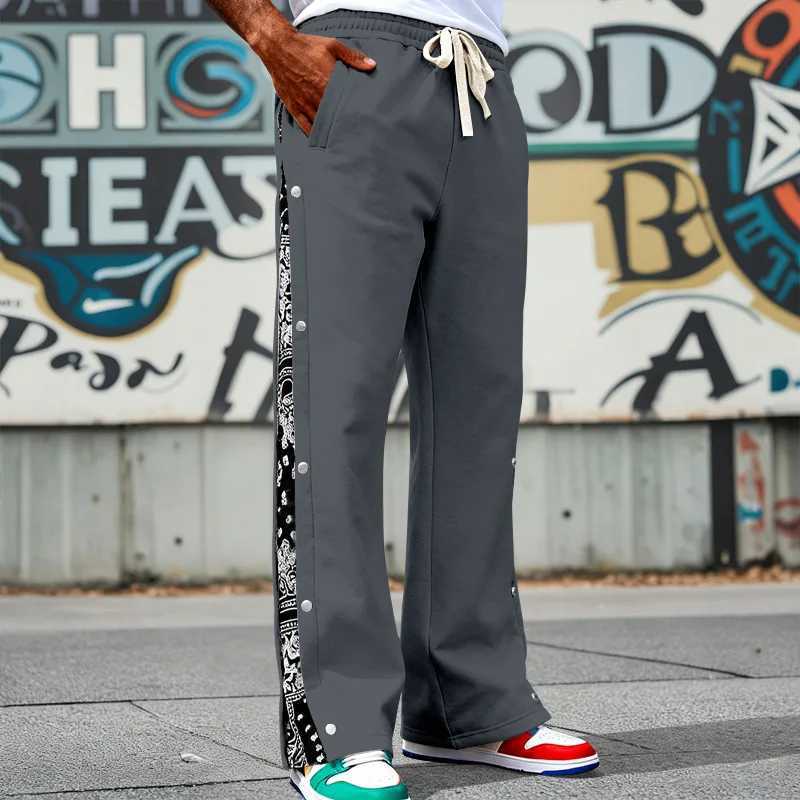 Men's Pants Men Wide Leg Sweatpants Side Button Paisley Patchwork Trousers Elastic dr1 Hip Hop Streetwear Loose Casual Sports Pants D260924 - view 5