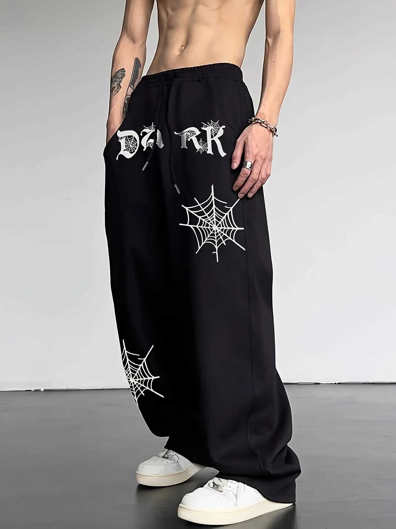 Men's Pants Men Gothic Spider Web Dark Letter Print Sweatpants Oversize Draped Straight Leg Trousers High Street Loose Casual Pants S-3XL D260924 - view 3