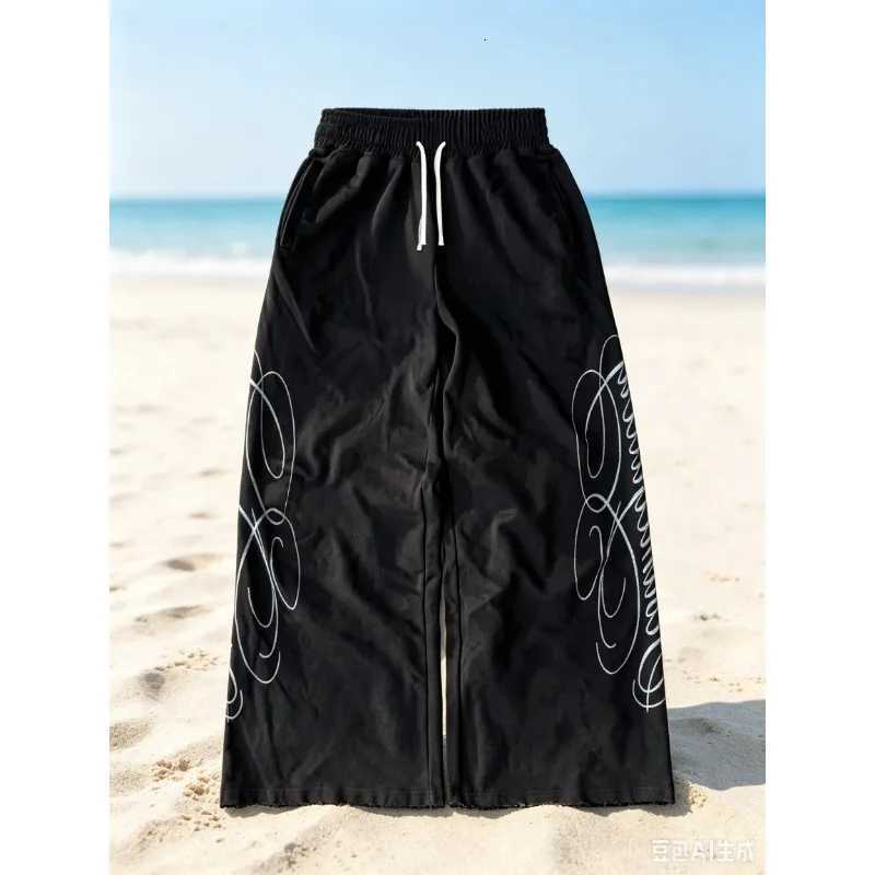 Men's Pants 2026 Summer White Loose Wide Leg Sweatpants Abstract Curve Print Elastic Waist Casual Hip Hop Dance Jogger Pants D260924