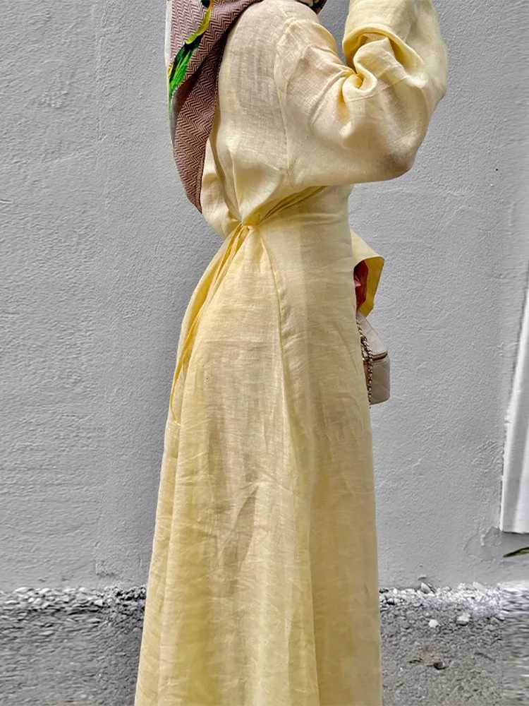 Sleep Lounge Women's Women' Dresses Elegant O-Neck Cotton Lined Back Lace Up Flare Sleeve Waist Cinching Long Robes Female Summer Lady Dress - view 5
