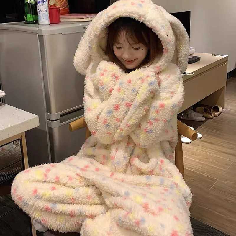 Lounge Women's Sleep Thickened Winter Pajamas Onesie Coral Fleece Hooded Sleepwear for Cute Girls Home Clothes Outdoor Cartoon Print Warm Homewea