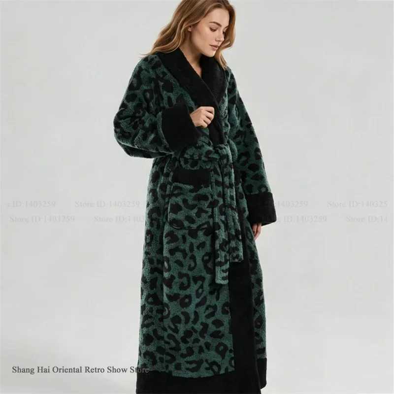 Sleep Lounge Women's Pink Leopard Coral Fleece Long Robe Kimono Bathrobe Gown Autumn Winter Thicken Warm Sleepwear Home Dress Loose Loungewear Pa - view 6