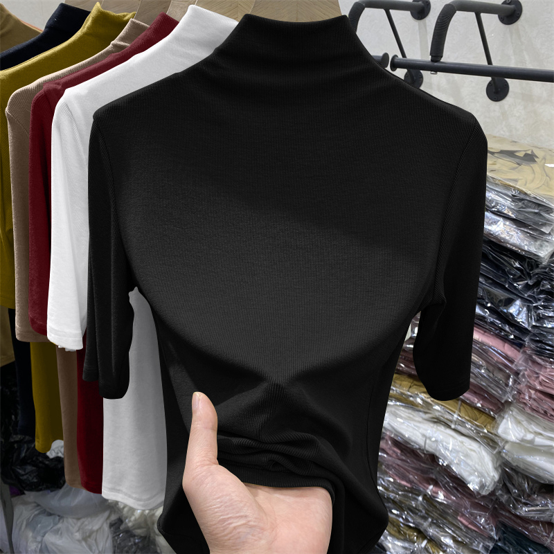 Slim Fit Half High Collar Short Sleeve Women's T-Shirt Inner Wear Base Shirt Top Trendy Commute Spring Summer Fashion plus Size