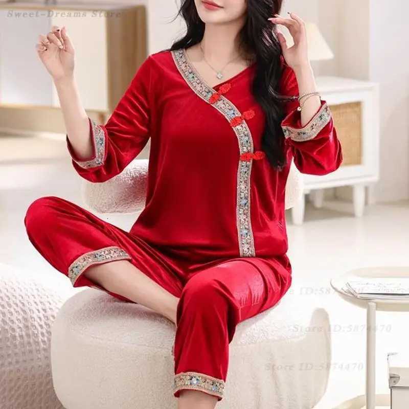 Women's Sleep Lounge Chinese Style Velvet Pajamas Set Autumn Winter New Sleepwear Women's Plus Size 6XL Pyjamas Suit Velour Home Clothes Lou
