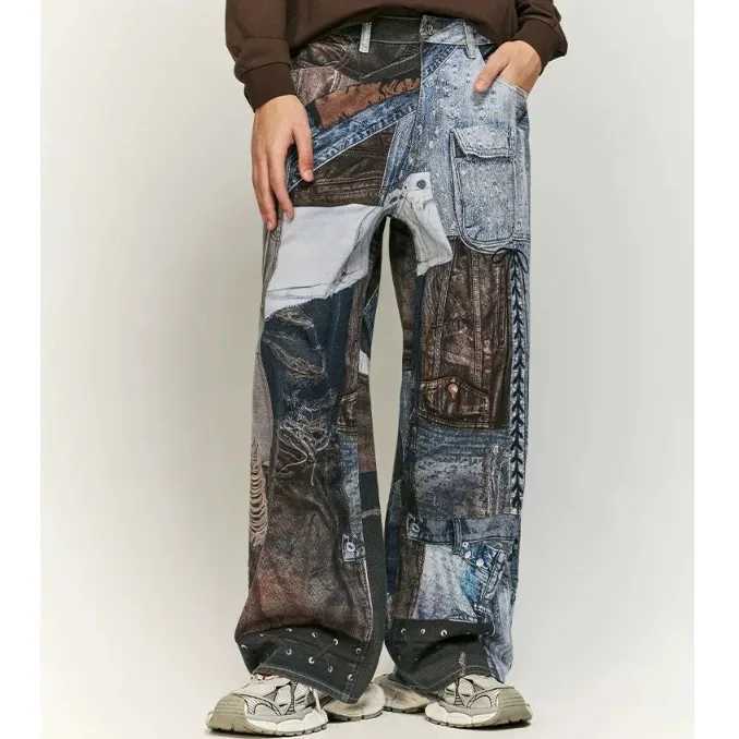 Men's Jeans 2026 New Retro Color Block Oversize Niche Old Loose Tapered Casual Pants 3D Printed Wide Leg High Waist Loose Jeans H260924 - view 5