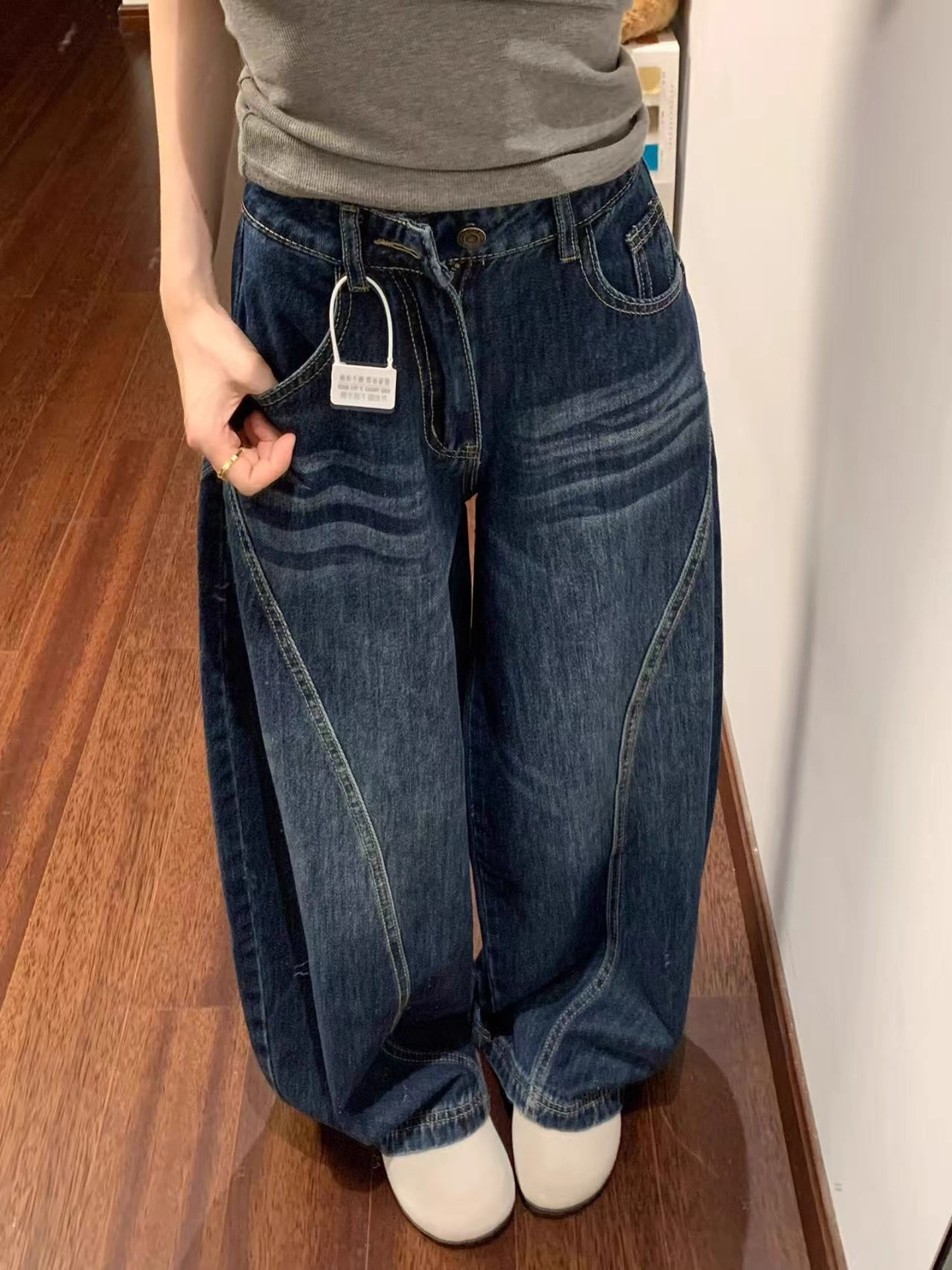 Deep Blue Wide Leg Denim Jeans Women's Early Autumn New American High Waist Loose Design Sense Floor-Length Pants - view 3