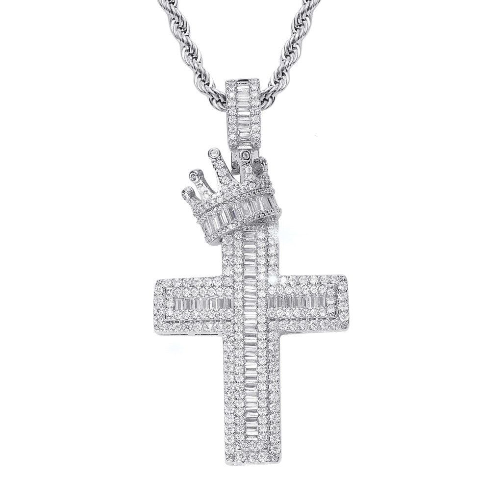 European American-style Crown Cross Hip-hop Pendant Featuring Square Moissanite Micro-paved Design Copper Chainvintage - view 3