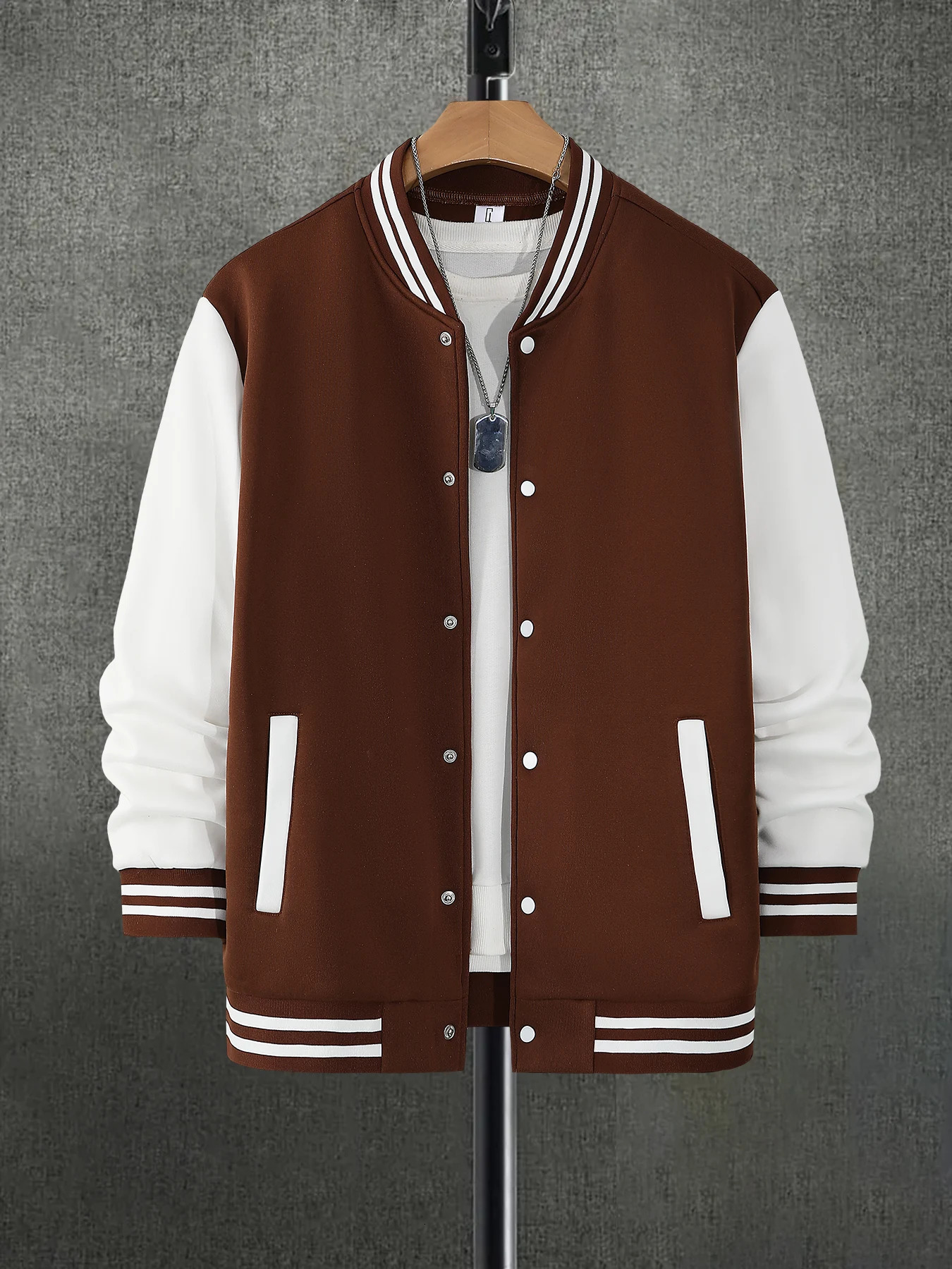 Men's Coffee White Colorblock Baseball Jacket Spring Fall Streetwear Loose Varsity Coat 260922 - view 3