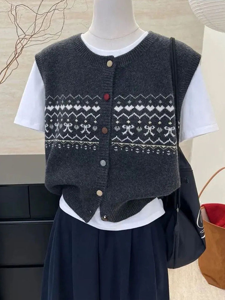 Retro Knitted Floral Women's Spring Autumn New Style Outerwear Sleeveless Shoulder Pad Vest Top Buttoned Polyester Blend - view 3