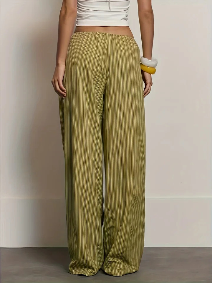 Womens Green Striped WideLeg Pants Summer Arrival Drawstring Elastic Waist Draping Casual Trousers Lazy Style FloorLe 260924 - view 4