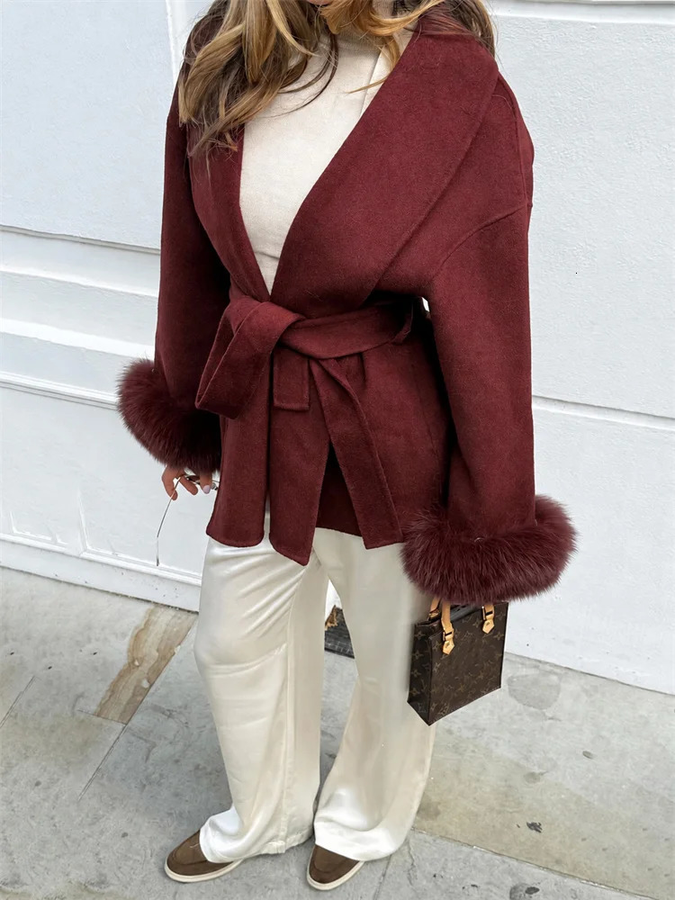 Tossy Fox Fur Wool Overcoat Women's Short Coat Office Lady Elegant Double-sided Woolen Coat Cardigan Jackets Loose Wool 260922 - view 7