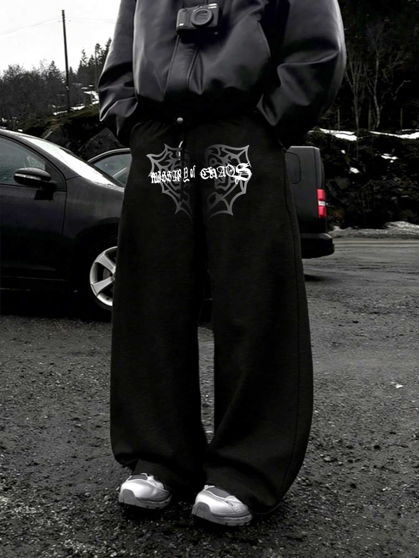 Men's Pants Men Gothic Wide Leg Jogger Pants Waist Centered White Old English "Messiah of Chaos" over Spider Web Crest Printdr1Baggy D2