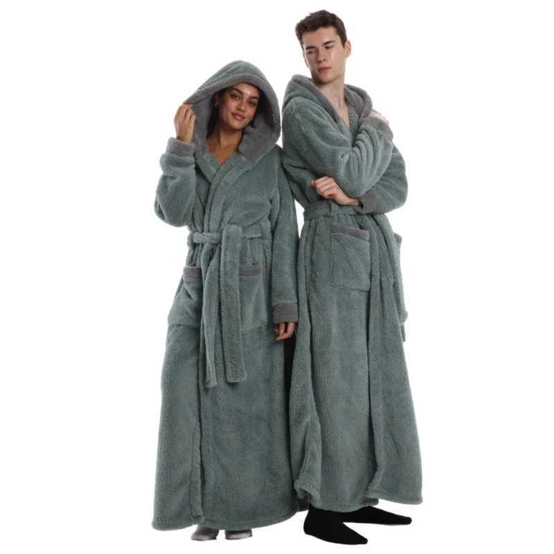 Sleep Lounge Women's New Winter Hooded Bathrobes Gown For Coulpe Warm Flannel Sleepwear Women Long Nightgown Solid Color Robes Men Loungewear Paj - view 5