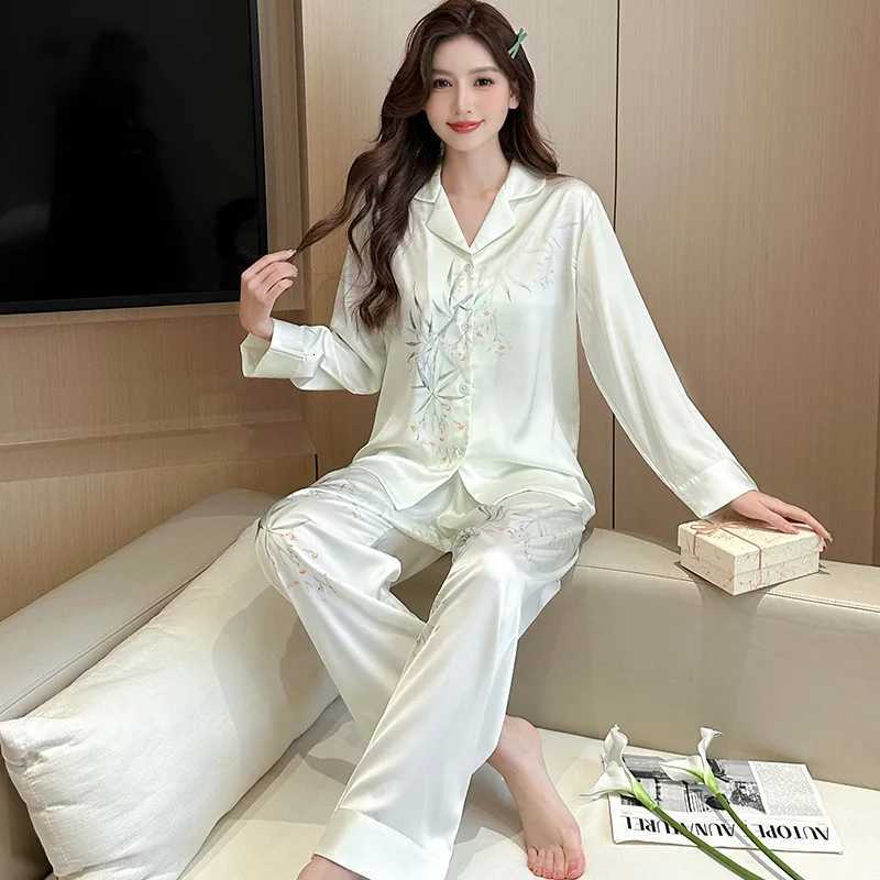 Sleep Lounge Women's Women's Plus-Size Printed Pajamas Loose-Fit Long-Sleeve Ice-Silk Cool-Feel Loungewear Versatile Outerwear PajamasC26092