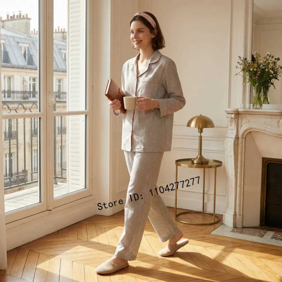 Women's Sleep Lounge 2PCS/Set Women's Long Sleeve Striped Pajama Set Soft Breathable Loungewear Casual Loose Fit Sleepwear for Girls H260924 - view 7
