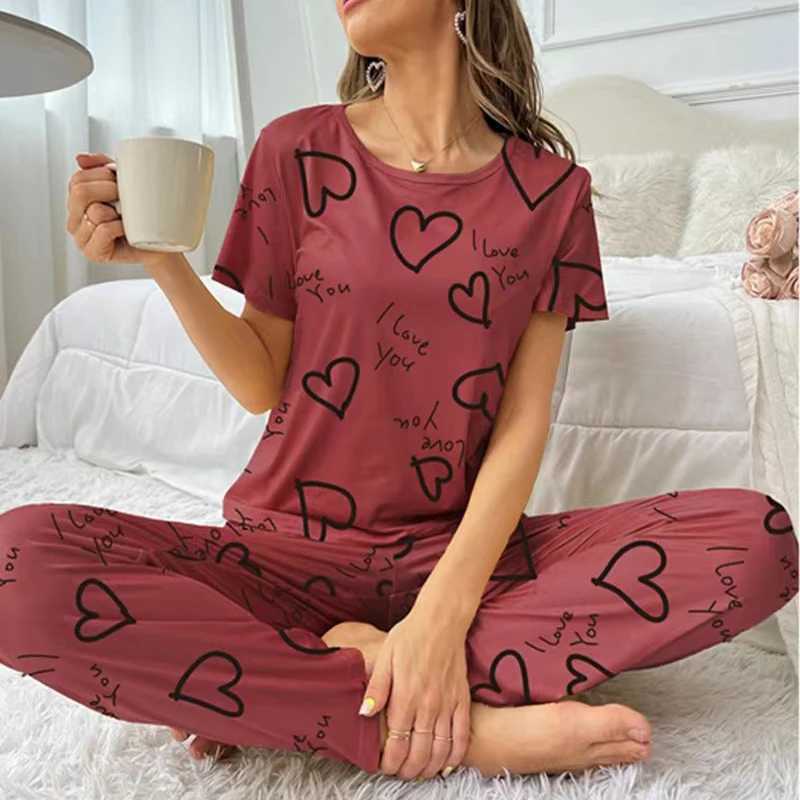 Women's Sleep Lounge Women's Cartoon Print Pajama Set Short Sleeve Top Long Pants Soft Comfortable Sleepwear for Ladies Homewear Pijama H260 - view 4