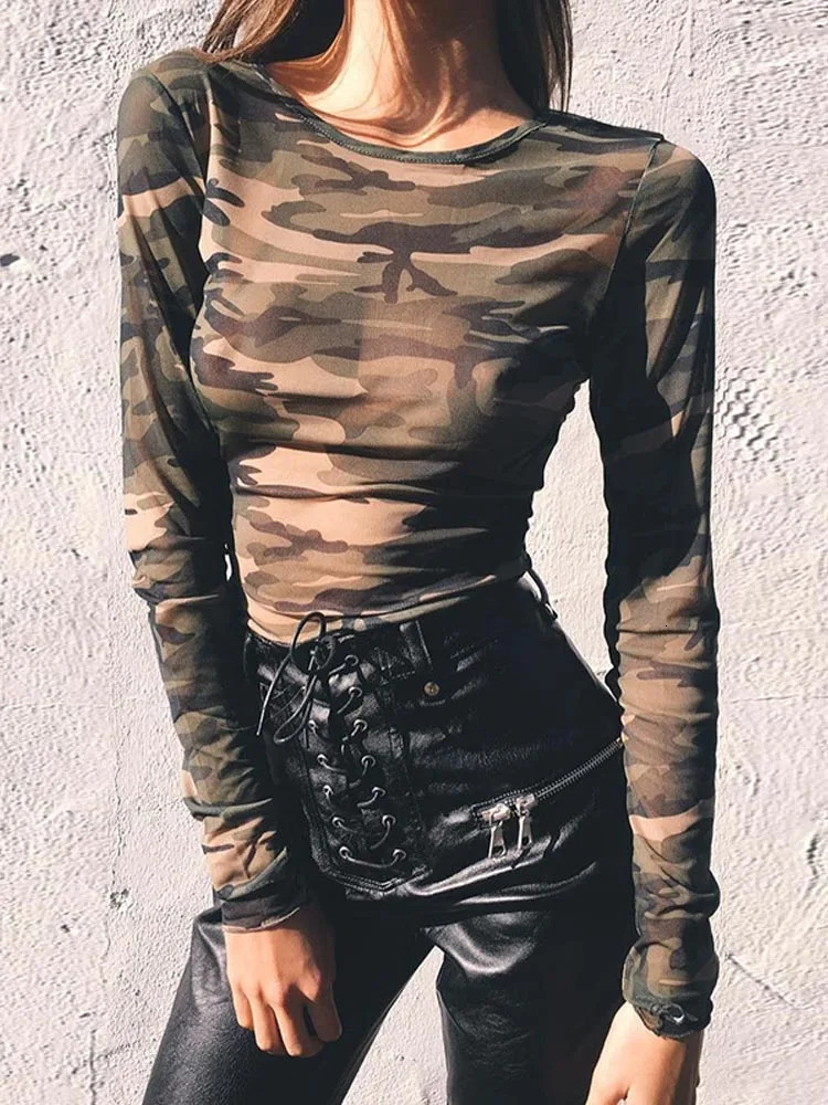 Women Crop Tops Long Sleeve Camouflage Print Tees Tshirt Fashion Mesh See Through Ladies Sexy Short Summer Y2k Top 260928 - view 4