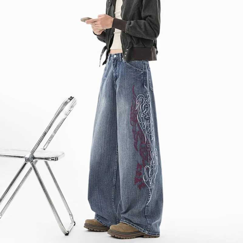 Men's Jeans New Men's Hip Hop Fashion Straight Baggy Denim Pants Y2K Flame Embroidered Streetwear Flared Jeans Harajuku Streetwear Jean H260 - view 6