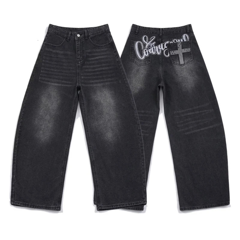 Goth Letter Printed Black Curved Denim Trousers For Men Y2K Vintage Streetwear Straight Jeans Hip Hop Fashion Baggy Jean Pants 260923 - view 5