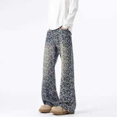 Men's Jeans Jacquard All Over High Street Jeans Mens 2026 New Straight Lift Pattern Loose Wide Leg Jeans Casual Boyfriend Jeans Pants Tide H26092 - view 3