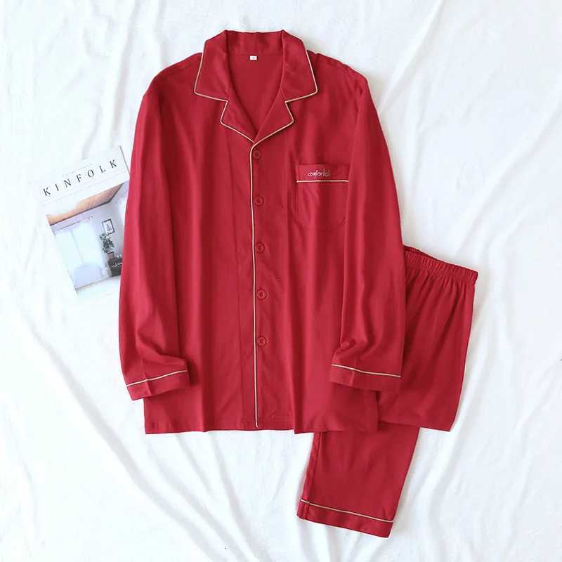 Women's Sleep Lounge New Spring And Autumn Couple Knit Pajamas Long-sleeved Trousers Two-piece 100% Cotton Red Men's And Women's Home S - view 4