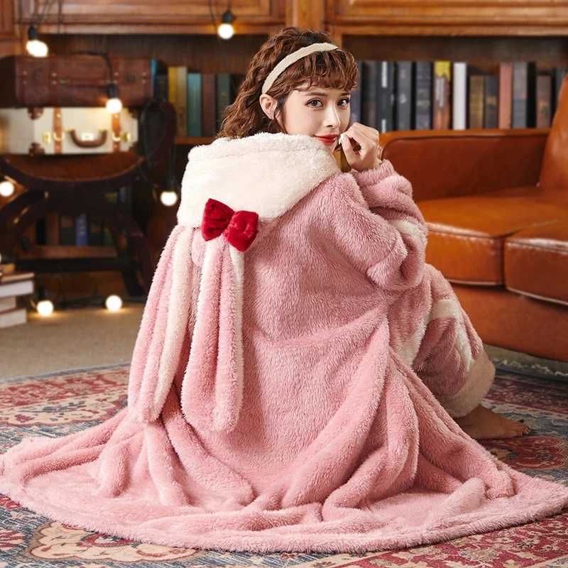 Lounge Women's Sleep Sweet Women Bathrobe Autumn Winter Thick Hooded Flannel Ladies Robe Fleece Girls Cute Long Dressing Gown for Female Homewear - view 4