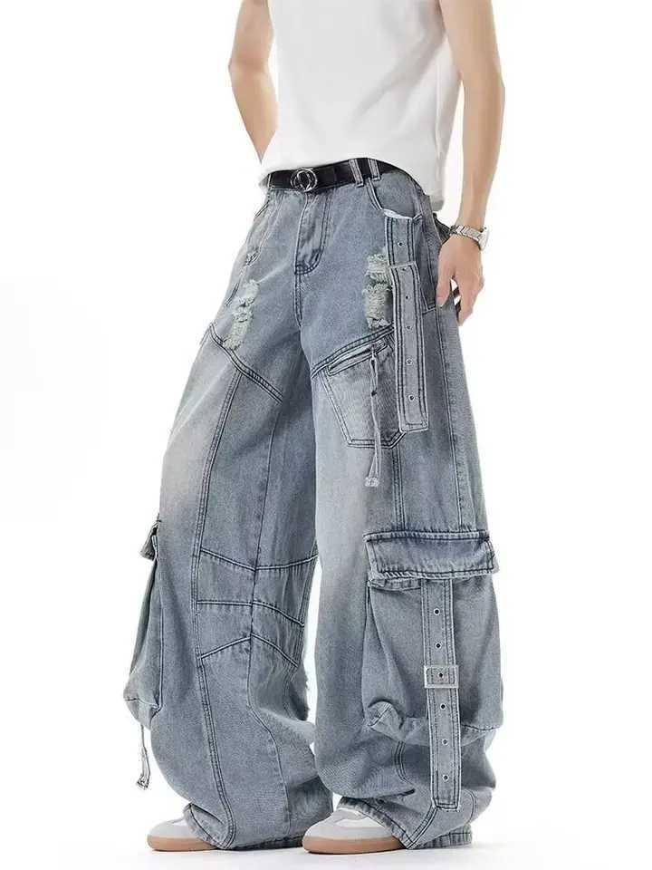 Men's Jeans American Style Men's Jeans Solid Color Multi Pockets Casual Worn-out Trousers Deconstruction Wide Leg Denim Pants H260924 - view 3