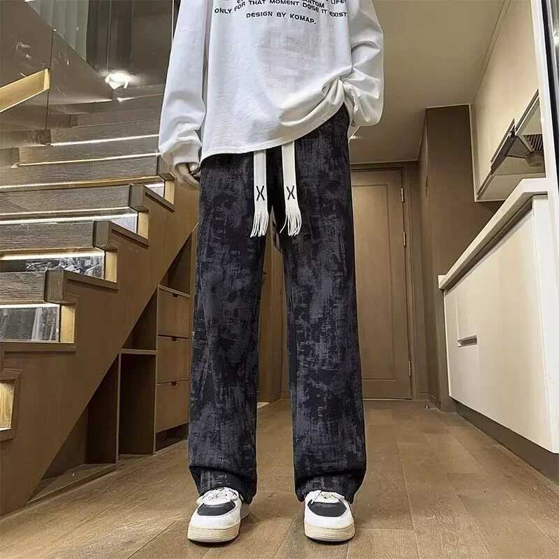 Men's Jeans Summer Men's Tie-dye Corduroy Straight-leg Pants Hip Hop Fashion Drawstring Baggy Trousers New Y2K Streetwear Gym Sweatpants H26