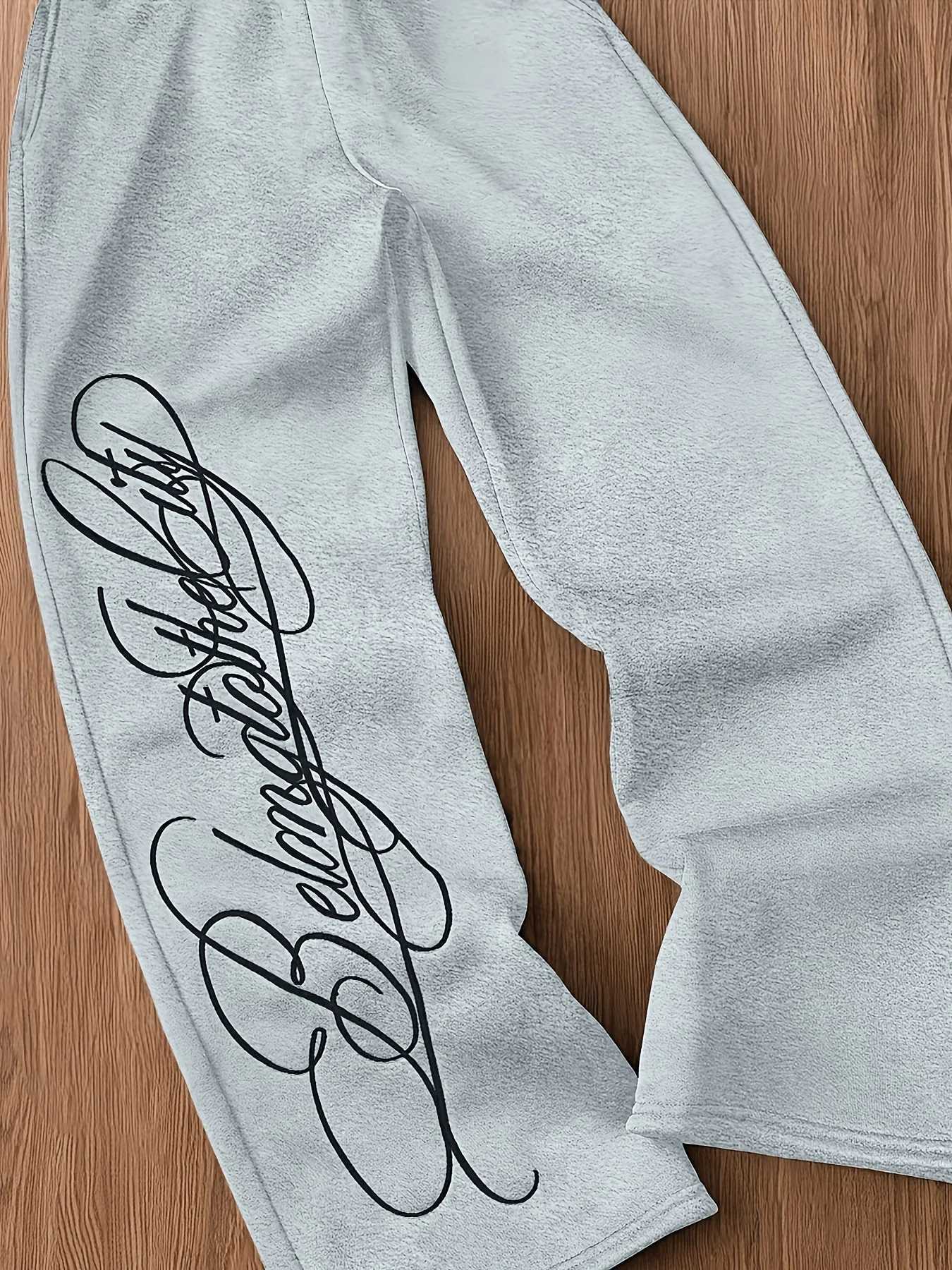 Men's Pants 2026 Men's Black Letter-printed Trousers Pure Cotton Straight-leg Pants Casual Elastic Waist Jogger Pants D260924 - view 3
