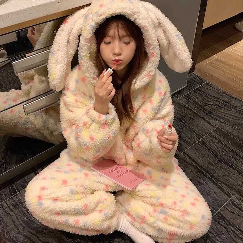 Lounge Women's Sleep Thickened Winter Pajamas Onesie Coral Fleece Hooded Sleepwear for Cute Girls Home Clothes Outdoor Cartoon Print Warm Homewea - view 3