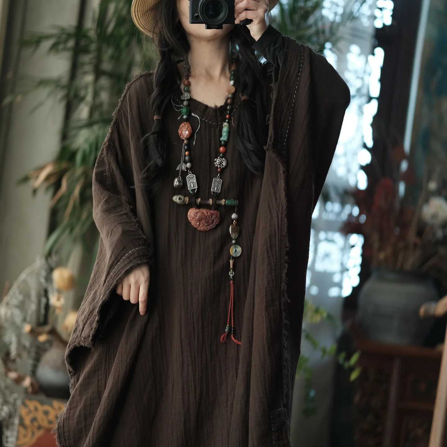 Sleep Lounge Women's Johnature Women Vintage Winter Dresses Bat Sleeve Robes 2025 New O-Neck Loose Solid Color Embroidery Female High Quality Dre - view 3