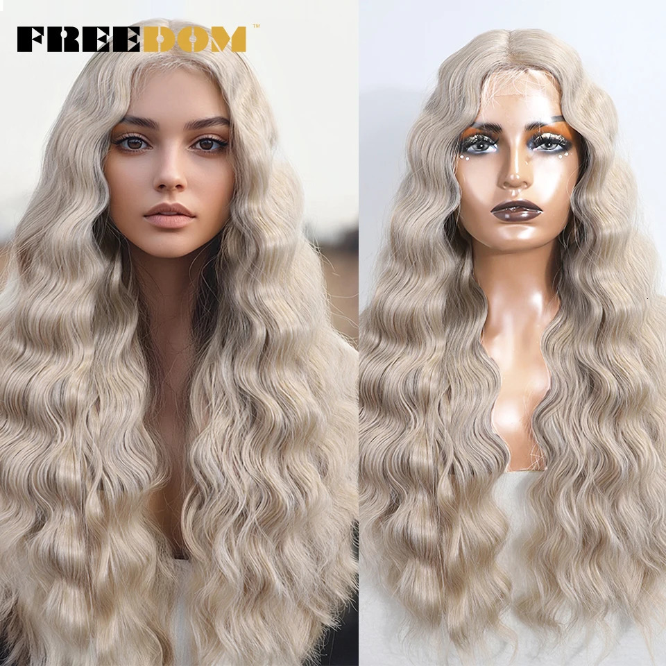 FREEDOM Synthetic Lace Front Wigs For Women 28 Inch LLong Oose Body Wavy Lace Wig Ombre Brown Blonde White Wig Cosplay Wigs 260922