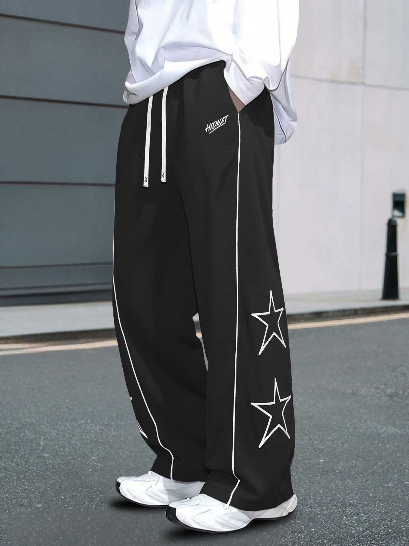 Men's Pants XIYAFAN Men's Wide Leg Sweatpants 95% Polyester 5% Spandex Stretch Knit Star Print dr1 Casual Joggers Hip Hop Streetwear D260924