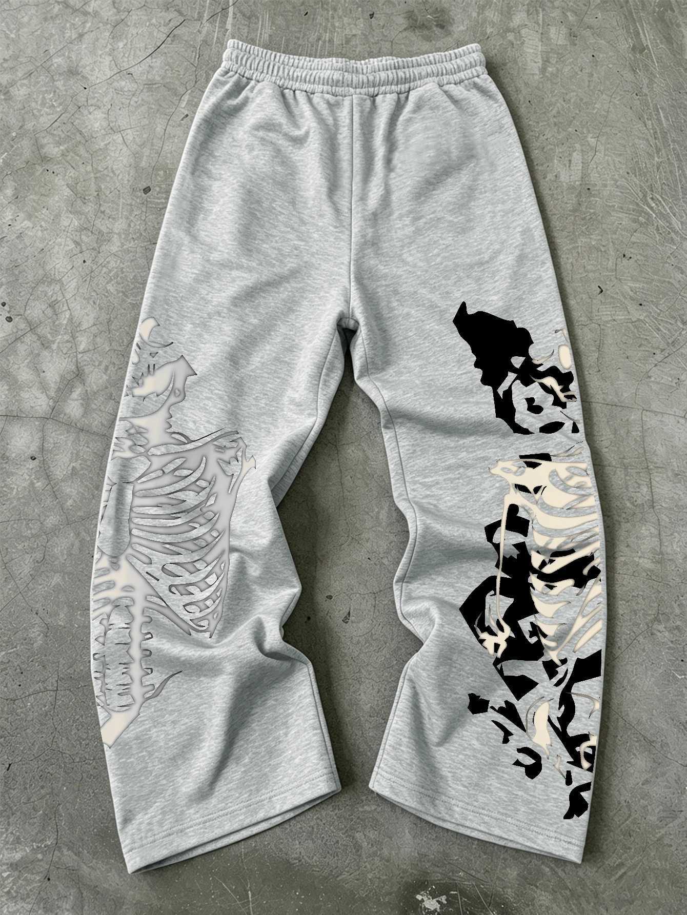 Men's Pants Men Skeleton Ribcage Graphic Wide Leg Sweatpants dr1 Loose Straight Baggy Gothic Streetwear Jogger Pants Black Grey D260924 - view 6