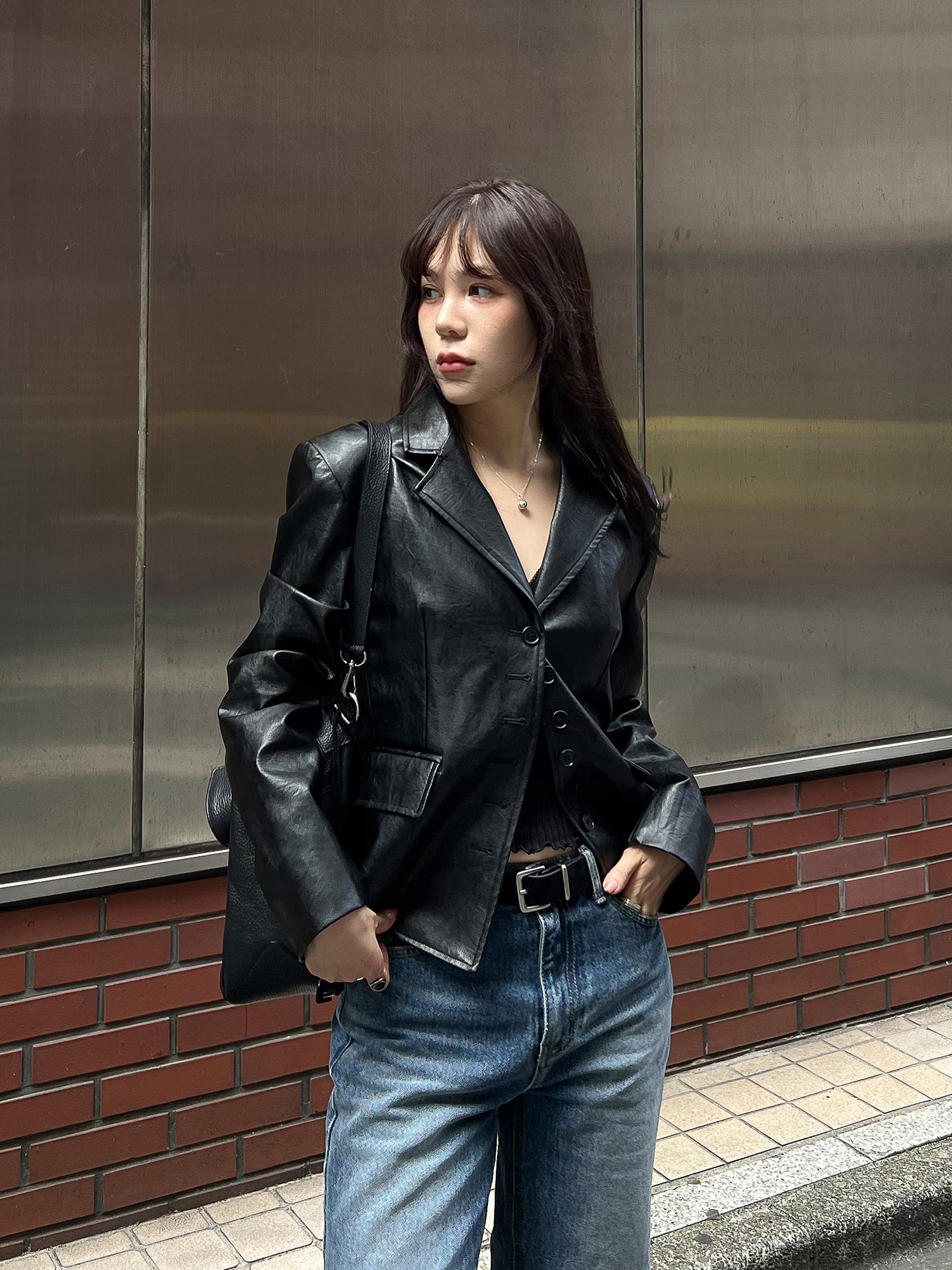 Elegant Black PU Leather Jacket Women's Loose Style Autumn New Fashion Suit Top High Quality Synthetic Fabric Regular Length - view 6