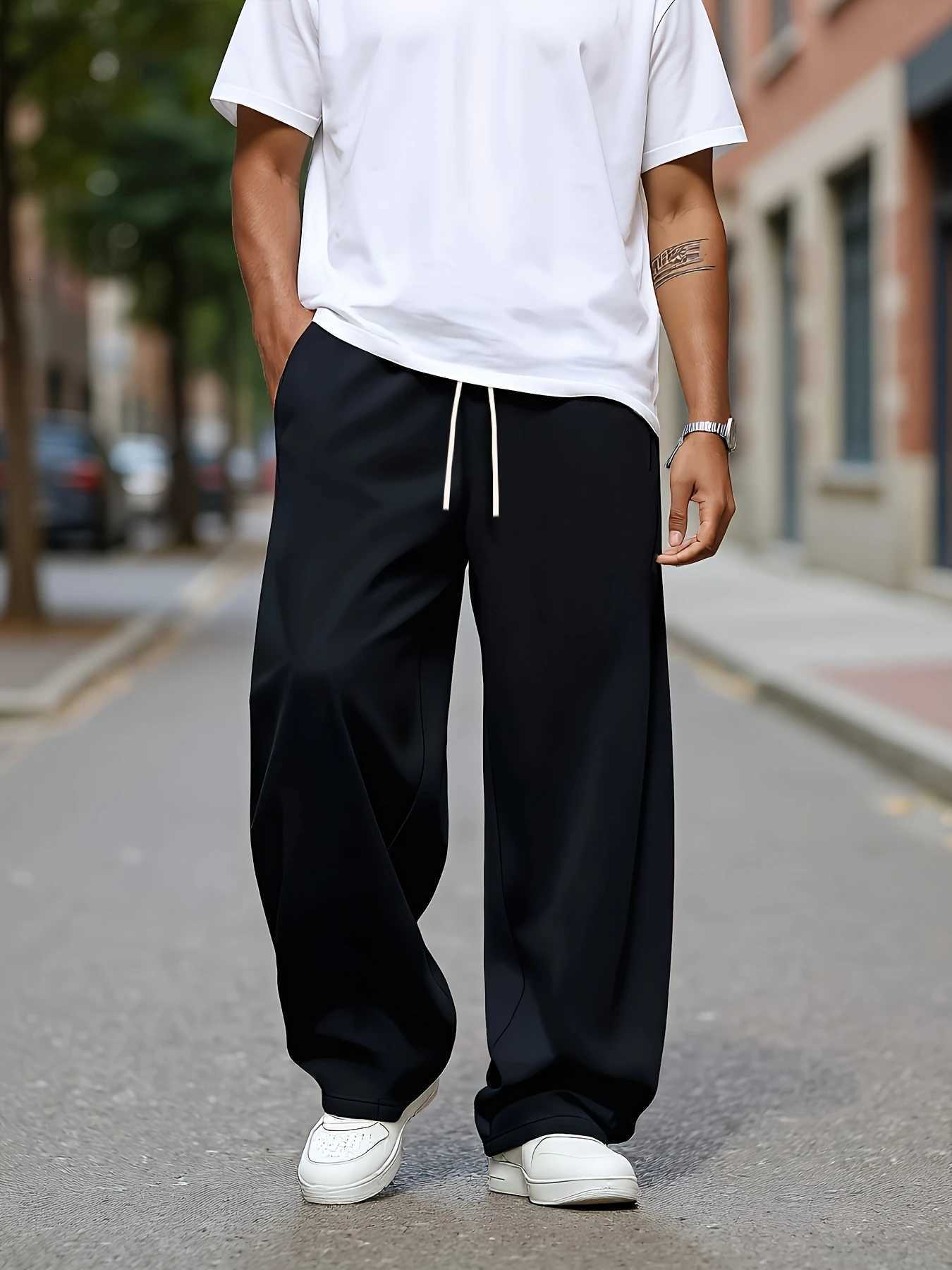 Men's Pants Men's Solid Color Casual Pants Featuring A Relaxed Straight-leg Design with A dr1 Waist and Side Pockets D260924