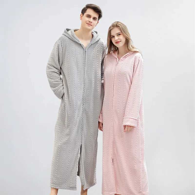 Sleep Lounge Women's Autumn Winter Zipper Bathrobe for Women Men Hooded Nightgown Couple Thick Pajamas Flannel Ladies Long SleepwearC260924