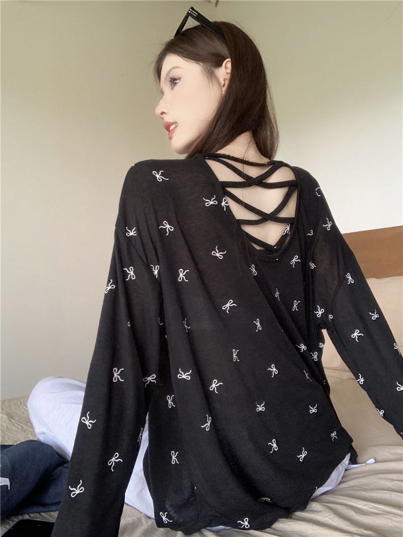 Ladies Summer Loose Long Sleeve T-Shirt Knot Print Ice Silk Thin Sun Protection Casual Top Breathable Moisture Wicking