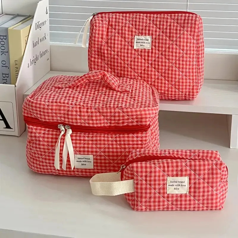 Women Large Capacity Checkered Cosmetic Bag Girls Cotton Skincare Brushes Storage Bag Portable Travel Toiletry Bag Makeup Bag 260923