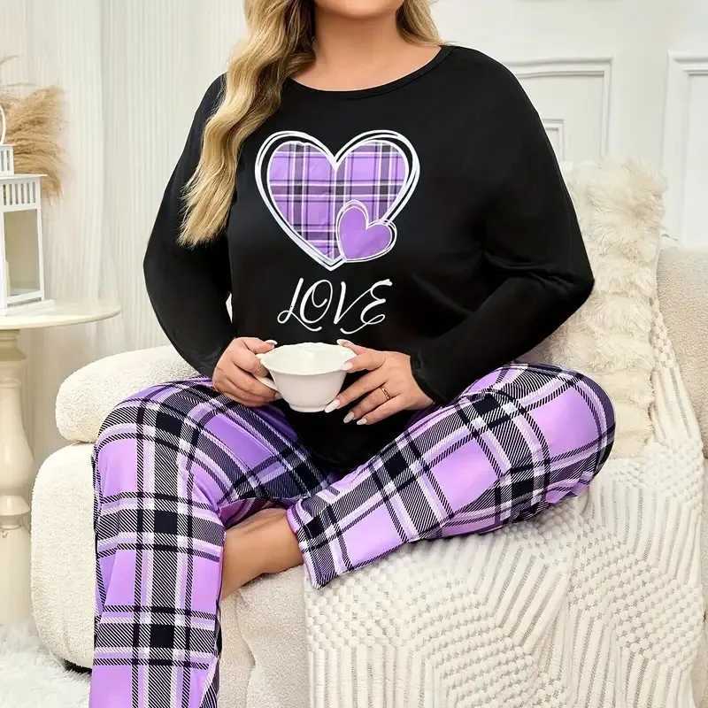 Women's Sleep Lounge Fashionable Plus Size Women's Heart Print Pajama Set Long Sleeve Tops And Soft Elastic Pants Perfect For Summer Loungew
