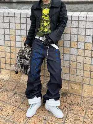 Men's Jeans High Street Gothic Embroidered Letter Cargo Men Blue Pattern Y2K High Waist Jeans Harajuku Retro Hip Hop Streetwear H260924 - view 5