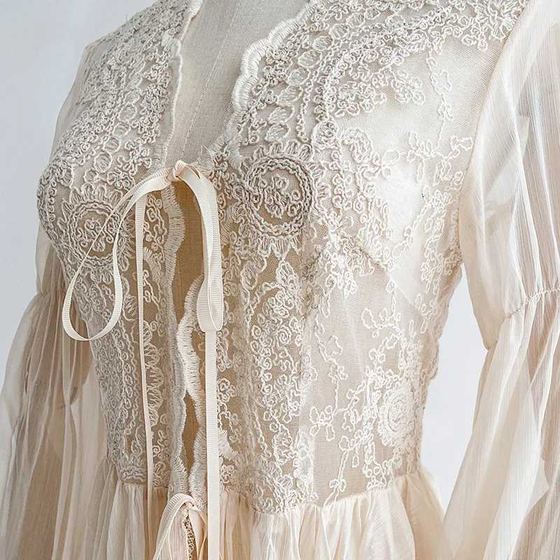 Lounge Women's Sleep Luxury Trail Bride Wedding Robe Nightgown French Elegant Kimono Bathrobe Gown Sleepwear Women Sexy Lace Perspective Home Dre - view 7