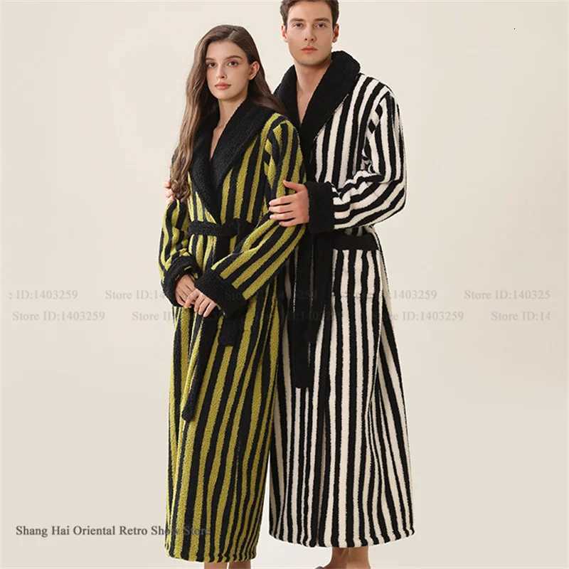 Lounge Women's Sleep Fashion Stripes Flannel Couple Long Robe Sleepwear Winter Warm Women Nightgown Bathrobe Loose Thick Coral Fleece Homewear Pa - view 5