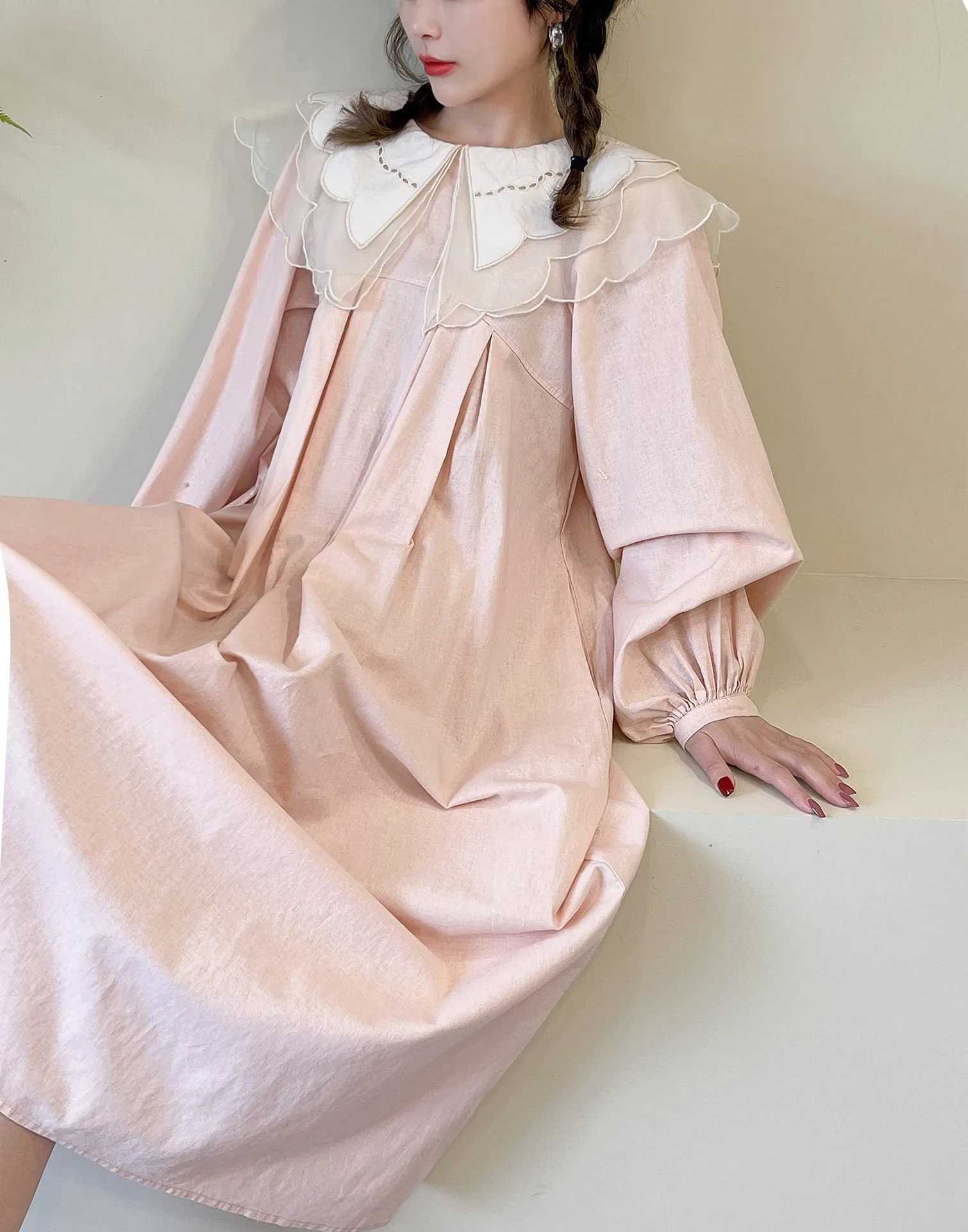Lounge Women's Sleep Japanese Sweet Mori Girl Peter Pan Collar Patchwork Long Dress Women Spring Autumn Solid Color Long Sleeve Casual Loose Dres - view 5