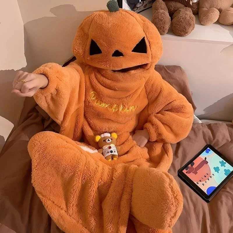 Lounge Women's Sleep Hot Funny Cute Halloween Pumpkin Onesie Pajamas Plush Hooded Pajamas for Men Women Autumn Winter Pajamas Sleepwear Loungewea - view 5
