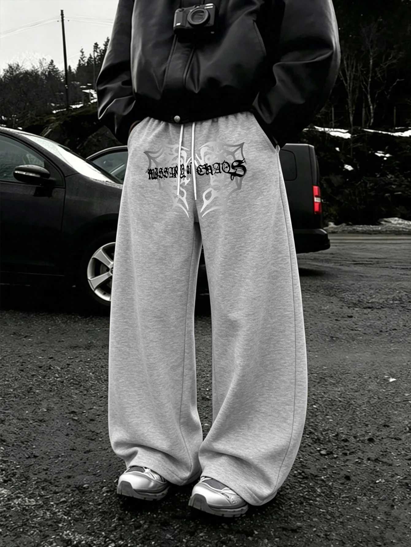 Men's Pants Men Gothic Wide Leg Jogger Pants Waist Centered White Old English "Messiah of Chaos" over Spider Web Crest Printdr1Baggy D2 - view 3